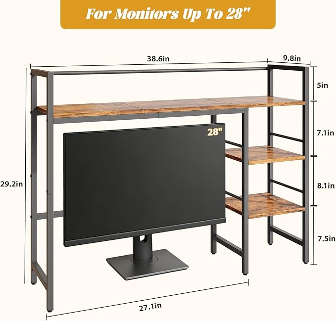 HavenlyYouth Desk Shelf, 38.6 Inch Wood Desk Organizer Shelf for Computer Monitor, Desk Hutch Storage, Desktop Shelf for Top of Desk, 3 Tier Desktop Bookshelf for Home Office Dorm, Rustic