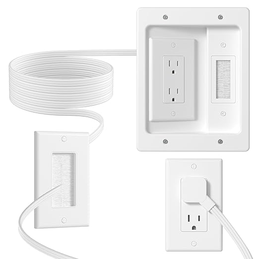 in Wall Cable Management Kit with Brush Wall Plate TV Wire Hider for Wall 2AC Recessed Outlet Box 9.8ft Cord for TV Gaming Consoles Soundbars Home Theater Setups (AC kit)