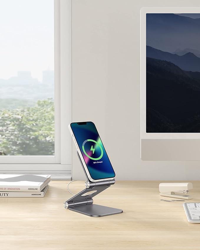 OMOTON Stand for MagSafe Charger, Foldable Phone Stand Holder for MagSafe Accessories, Compatible with iPhone 17/16/15/14/13/12 Pro Max/iPhone Air, [Charger for MagSafe Not Included], Gray
