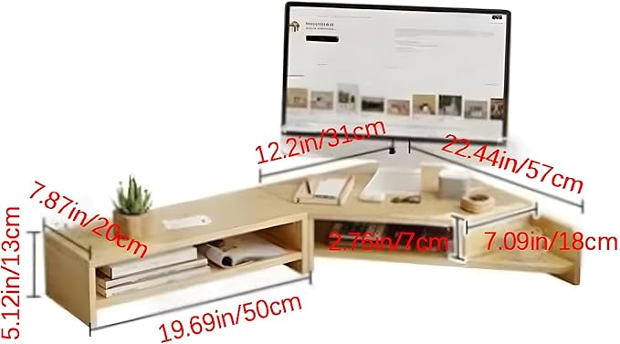 Corner Monitor Stand with Storage Space Triangle Riser Combo Desktop Corner Shelf with Cup Holder Pegboard Office Desk Accessories and Organizer for Office & Home,Natural,Double Layer