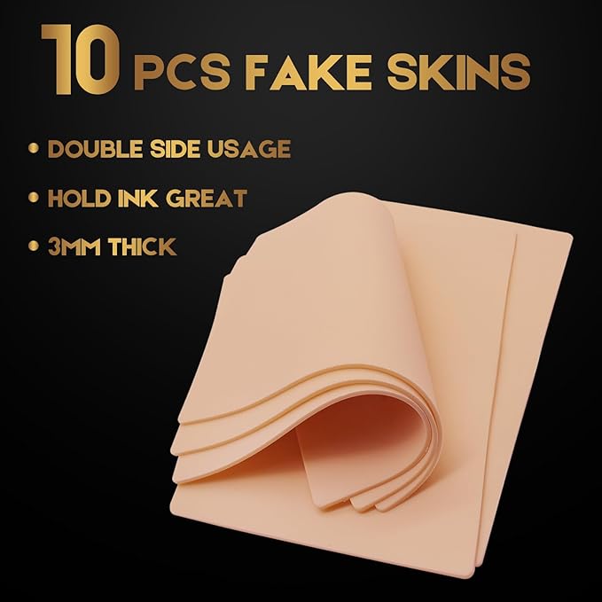 Fake Skin with Ink Caps Cups- Jconly 10Pcs 3MM Thick Tattoo Practice Skins with 300ps Mixed Tattoo Ink Cups Kit Tattoo Prcatice Supplies