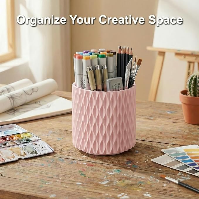 Pink Pen Holder for Desk, 360° Rotating Pencil Holder with 5 Slots - Spinning Desk Organizer & Pencil Cup for Art Supply, Office Pen Organizer for Home, School, Desk Accessories