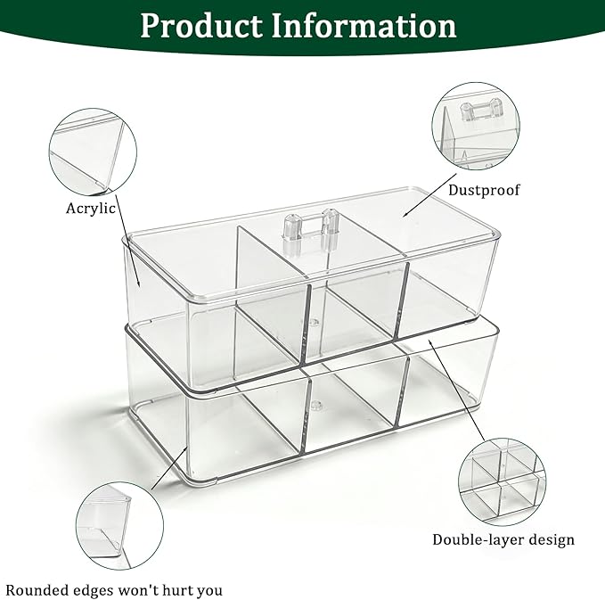 2 Pack Acrylic 3-Compartment Organizer Box, Storage Box with Lid, Clear Pen Holder Organizer Makeup Brush Holder for Office Desk Accessories, Cosmetic Brush Storage Box, Dorm, Bathroom, Kitchen