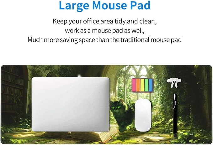Cat Book Mouse Pad 31.5 X 11.8 Inch Big Desk Rubber Base Stitched Edges Keyboard Pad XXL Mouse Mat for Home Game and Office