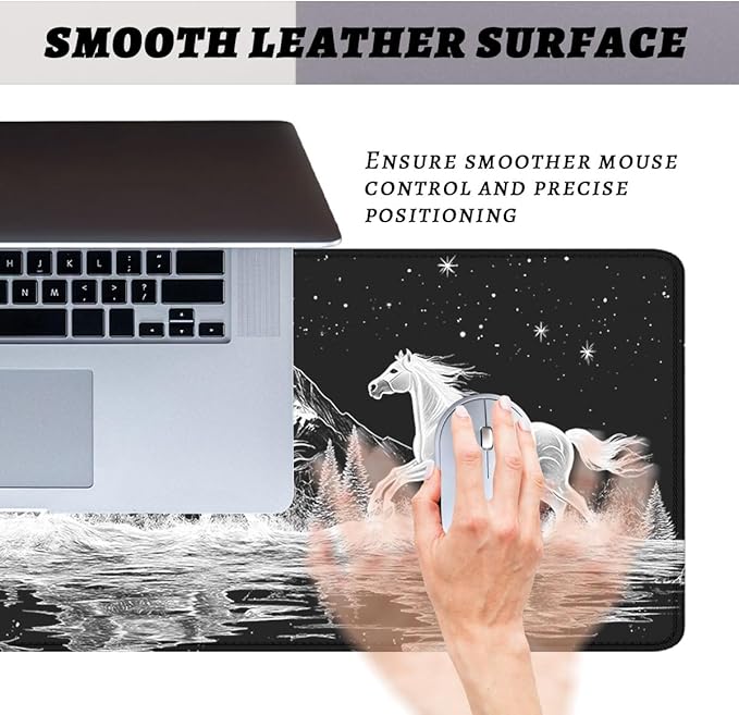 Wild Horses Mouse Pad, Black White Moon Mountain Gaming Desk Mat with Stitched Edges,Non-Slip Waterproof Rubber Base Mouse Mat, 31.5x11.8in Desk Home Office Gaming