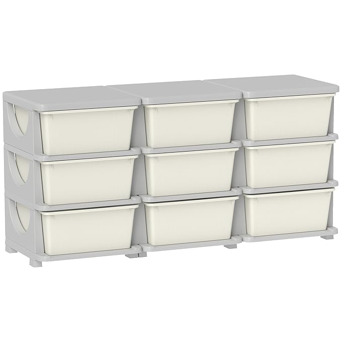 Qaba 3 Tier Kids Storage Unit, Toy Organizers and Storage with 9 Drawer Chest for Kids Bedroom Nursery Kindergarten Living Room for Boys Girls Toddlers, Cream White
