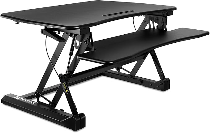 Mount-It! 35.5" Standing Desk Converter with Keyboard Tray – Adjustable Sit Stand Desk Riser for Dual Monitors – Dual Gas Spring Height Adjustable Desktop Workstation Topper – Black