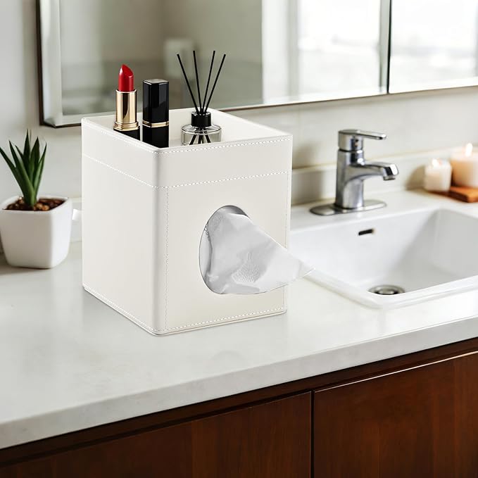Tissue Box Cover with Storage Tray Square Tissue Box Holder PU Leather Facial Tissues Organizer Tray for Bathroom Vanity Bedroom Office Car,Stylish Napkin Caddy Decorative Organizer,Cream