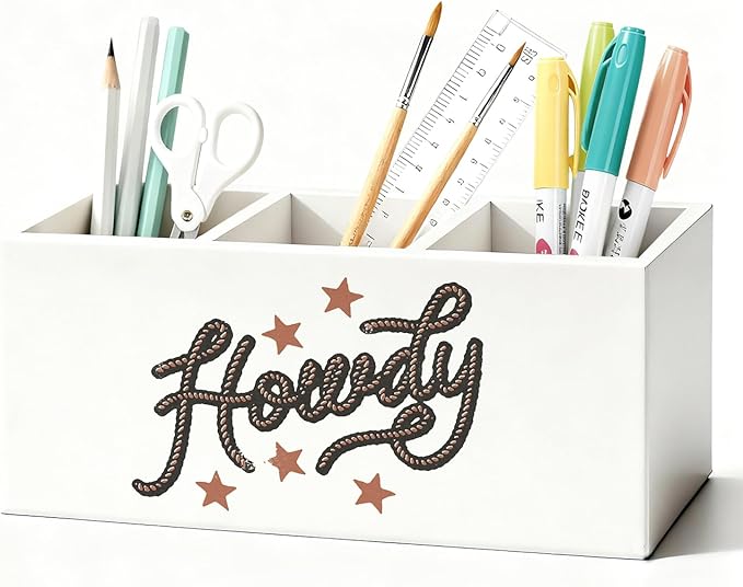 Western Pen Pencil Holder for Desk, Cowgirl Gifts, Cowboy Gifts for Women Men, Western Office Decor, Howdy Southwestern Wooden Box Sign Decorations for Home Office Desk Tabletop