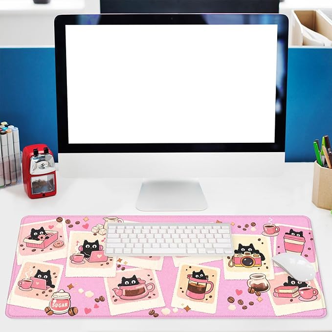 Black Cat Gaming Mouse Pad Cute Coffee Art Large Gaming Mouse Mat with Stitched Edges,Non-Slip Waterproof Rubber Base Mous Mat Office Computer Keyboard Laptop 31.5"x11.8"