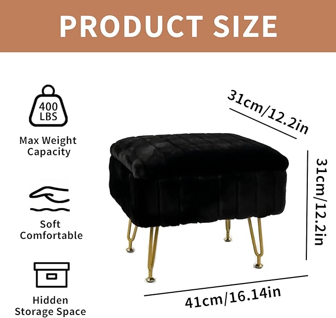Small Foot Stool with Storage & Gold Metal Legs, Small Ottoman Foot Rest Under Desk for Couch, Chair, Black Furry with High-Density Resilient Sponge