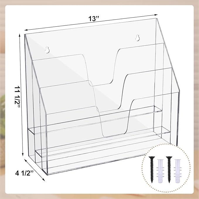 Estune Acrylic Vertical File Organizer, Horizontal Triple File Folder Holder, Paper Desktop Storage, Box for Countertop Office, Includes 12 Pack Folders, 1/3 Cut Tab with Folder Letter Size and Labels