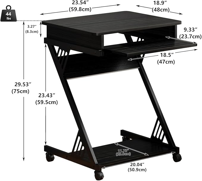 ALISENED 2 Tier Computer Desk with Keyboard Tray, 23.6" Home Office Desk Computer Workstation Rolling Study PC Laptop Table for Small Spaces,Z-Shaped Small Compact Study Table