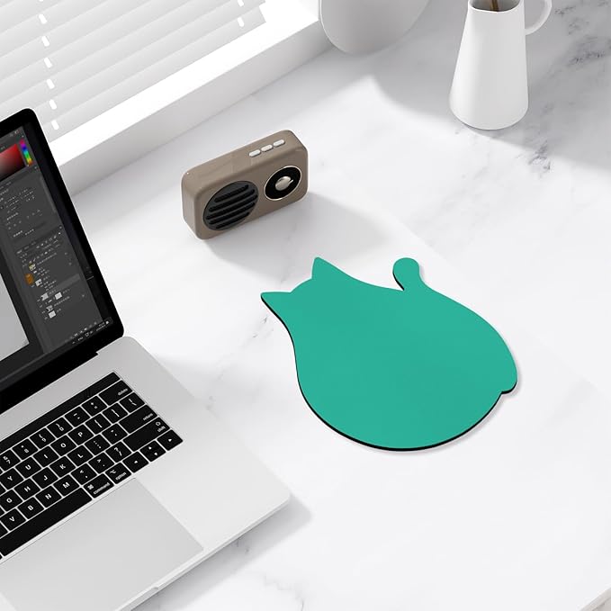 Funny Leather Mouse Pad Cute Cat Shape Office Desk Accessories Decor for Women Small Mousepad with Non-Slip Rubber Base Washable Waterproof, 9.7" x 8", Light Green