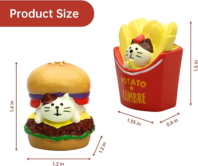 RAQWI Hamburger Fries Cat Figurines Miniature Fast Food Accessories for Office, Home Decoration Perfect for Desk Décor