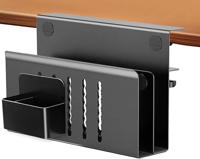 2 Tier Desk Side Storage Organizer, Under Desk Laptop Holder with Magnetic Pen Holder, No Drill Hanging Desk Caddy for Office and Home, Clamp On Desk Shelf for Tablet,Files, Accessories (Black)