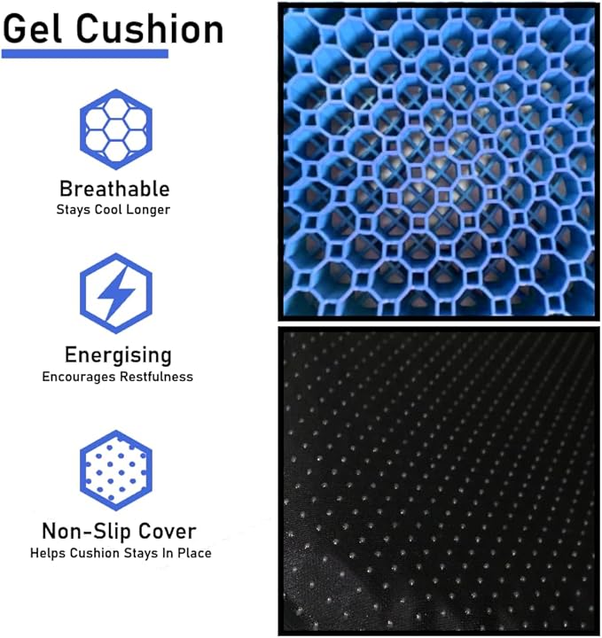 Blue Gel TPU Seat Cushion — Large Contoured Honeycomb Cooling Gel Cushion for Long Sitting, Pressure Relief for Tailbone & Sciatica, Non-Slip Washable Cover — 18.89 x 14.96 in