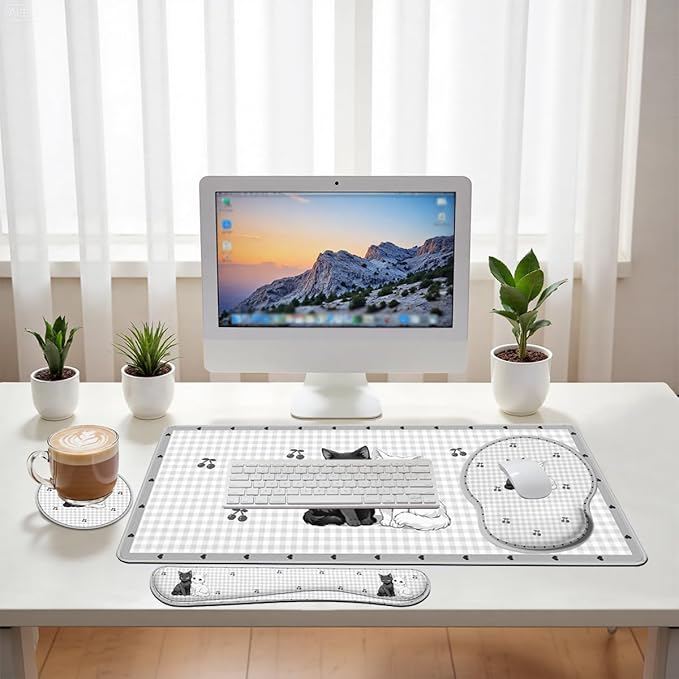 Cute Cat Desk Mat Set Gingham Cherry Cartoon Kitten Large Mouse Pad with Wrist Rest 4in1 Desk Mat for Desktop Ergonomic Computer Desk Arm Wrist Anti-Slip Computer Mouse Pad Home Office Gaming