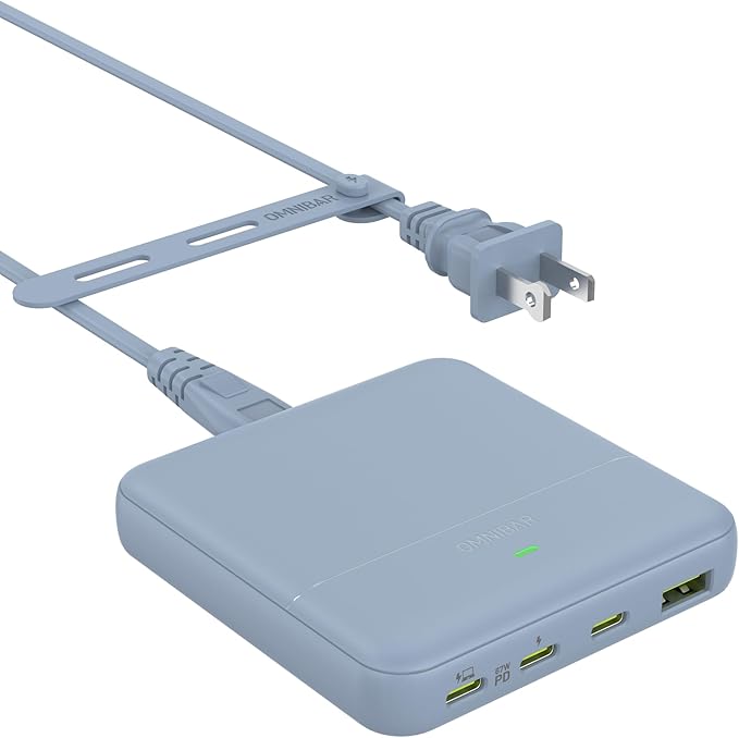 USB C Charging Station 67W, 4-Port Slim USB C Charger Block for iPhone 17/16/15, MacBook Air/Pro with 5ft Extension Cord, 3 USBC, 1 USB-A, Fast Charging Desktop Charger for Home Office Travel, Blue