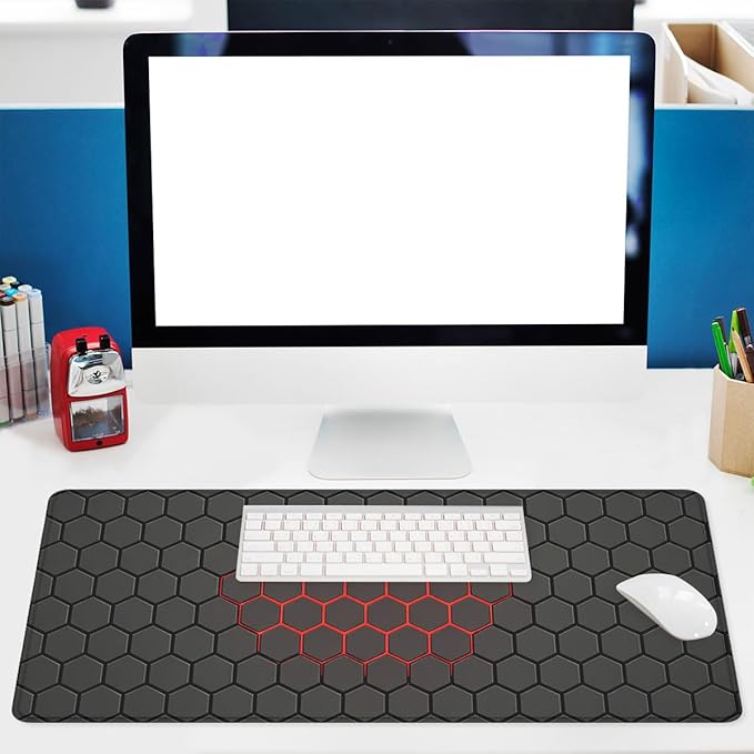 Red Hexagon Mouse Pad Dark Gaming Tech Grid Large Gaming Mouse Mat with Stitched Edges,Non-Slip Waterproof Rubber Base Mous Mat 31.5x11.8 Inch