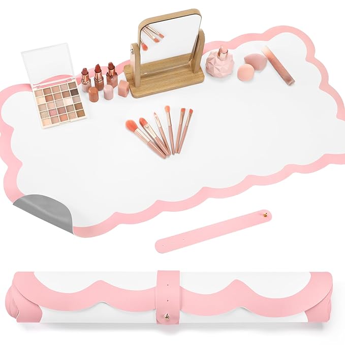 Teenyyou Makeup Mat for Vanity Protect Scalloped Makeup Mat 31.5 x 15.8'' Vanity Cover Top 2026 Graduation Gifts Dual-sided Dressing Table Pad Waterproof Mouse Pads for Dormitory Desktop(Pink Edge)