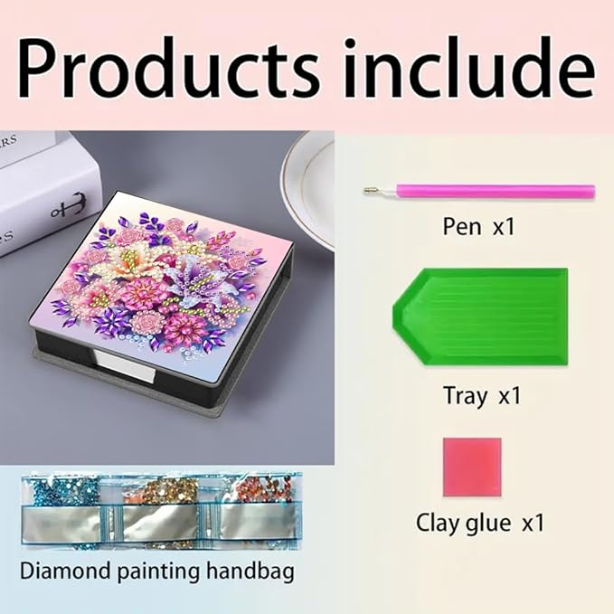 FRANDEK Flowers Creative Diamond Art Desk Organizer, DIY PU Note Box with 160 Sheets, All-in-One Gift Set for Craft Lovers, Elegant Mosaic Kits for Home & Office