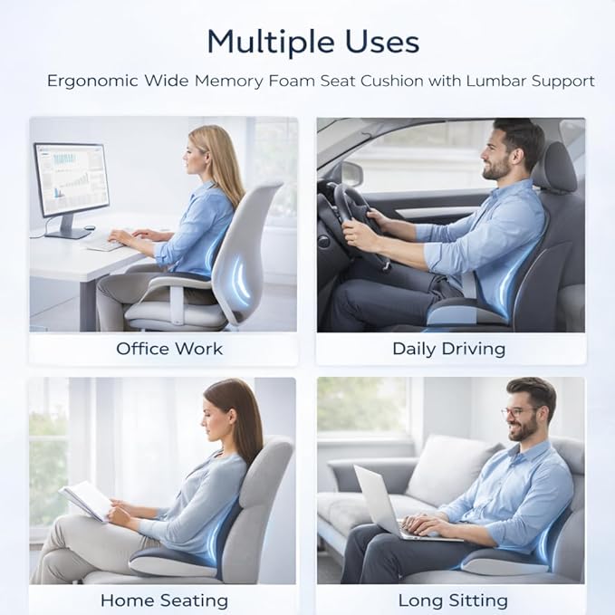 MOYEE Wide Memory Foam Seat Cushion with Lumbar Support for Office Chair & Car Seat, Ergonomic Design for Long Sitting, Gradual Relief & Lasting Support for Back, Tailbone & Sciatica Pain