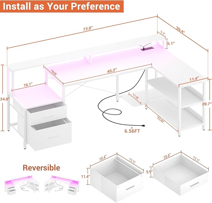 Aheaplus L Shaped Desk with Power Outlet, Reversible L Shaped Computer Desk with File Drawer & Monitor Stand, Gaming Desks with LED Strip, Home Office Desks with Storage Shelf, White