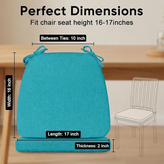 Chair Cushions Set of 6, D-Shaped Seat Cushion for Chair, Non Slip Chair Pads with Ties, 17" x 16" x 2", 40D Foam, Removable Washable Cover, Seat Cushions for Kitchen Chairs, Lake Blue