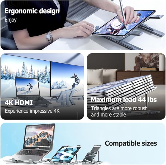 8-in-1 USB-C Laptop Stand & Docking Station - 4K HDMI, 2X USB-A 3.0, 2X USB-C, 100W PD Input, SD/TF Card Reader - Universal for Office & Home