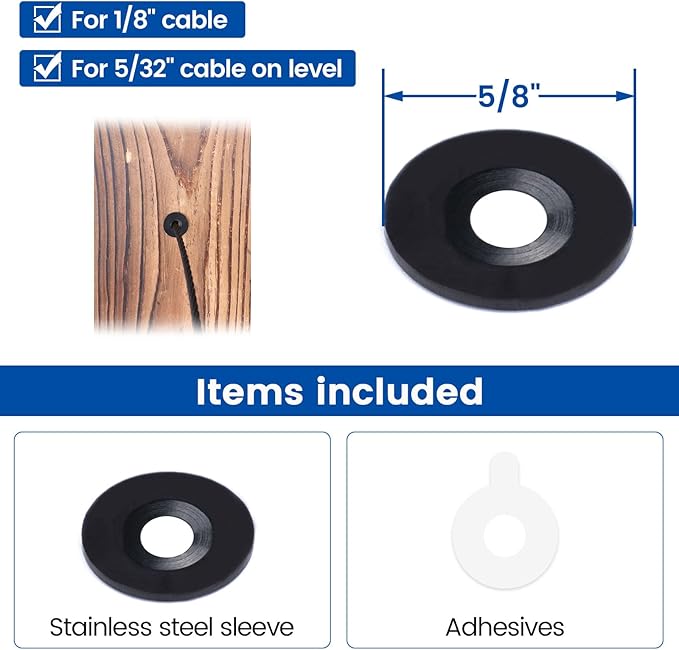 Muzata 20 Pack Black Cable Railing Adhesive Sleeves for 1/8" 5/32" Wire Rope T316 Stainless Steel Adhesive Grommet Protector Sleeves Cable Railing Hardware Kit Wood Metal Posts CR66