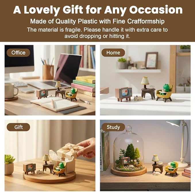 Miniature Tabletop Figurine Set, Cute Mini Frog and Cat Figurine with Small Sofa TV Table Lamp for Home Office Bedroom Shelf Desk Decorative, Frog Cat Lovers Birthday Gift(Color:Multicolor)
