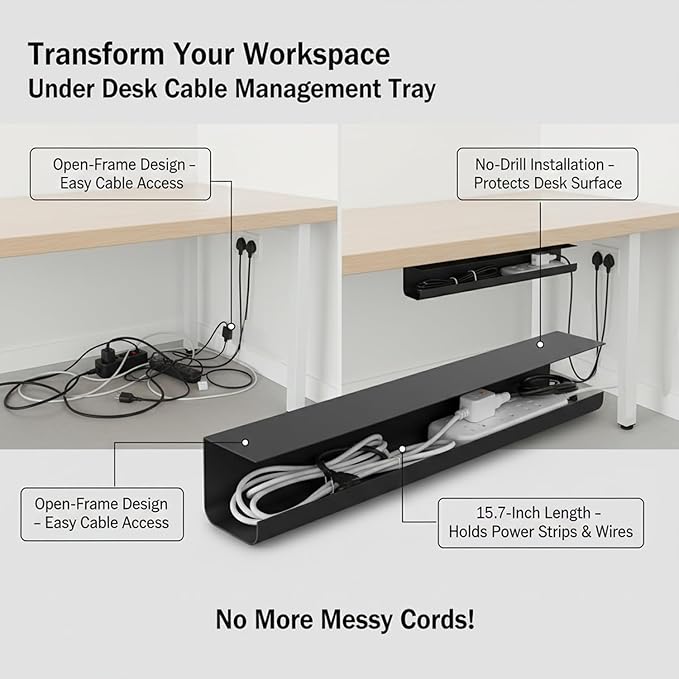 Under Desk Cable Management Tray, No-Drill Cord Organizer for Power Strips & Wires, 15.7 x 3.9 x 3.5 Inch, PVC Wire Basket (1 Pack)