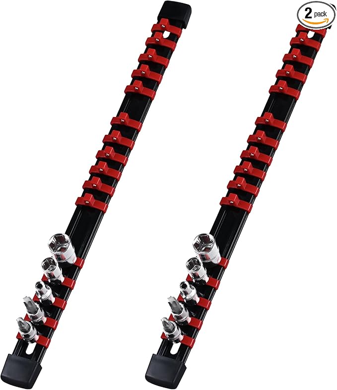 Socket Organizer, 1/4-Inch Drive Heavy Duty Socket Holder Kit ABS, Socket Rail 1/4-Inch x 16 Clips Red, 2 Pieces
