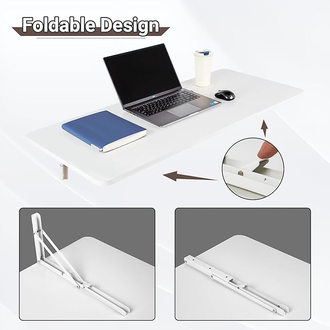 Neoaider Wall Mounted Folding Table 47.2”L x 19.7”W, Laundry Folding Table with Heavy Duty Metal Collapsible Shelf Brackets, Wall Mounted Desk Fold Down for Small Spaces, White