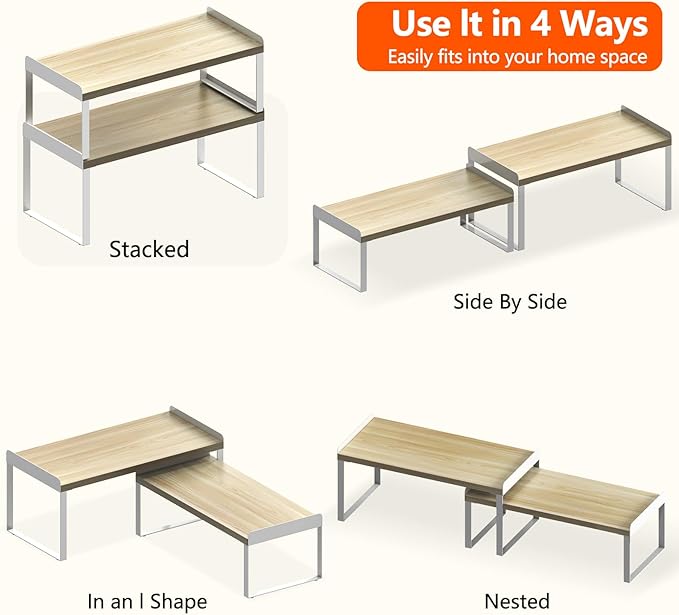 2 Sets Desk Shelves for Top of Desk, 2 Tier Independent Stackable Desktop Shelves, Desktop Organizer Shelf, Adjustable Bookshelf,Metal and Engineered Wood, (White+mapple)