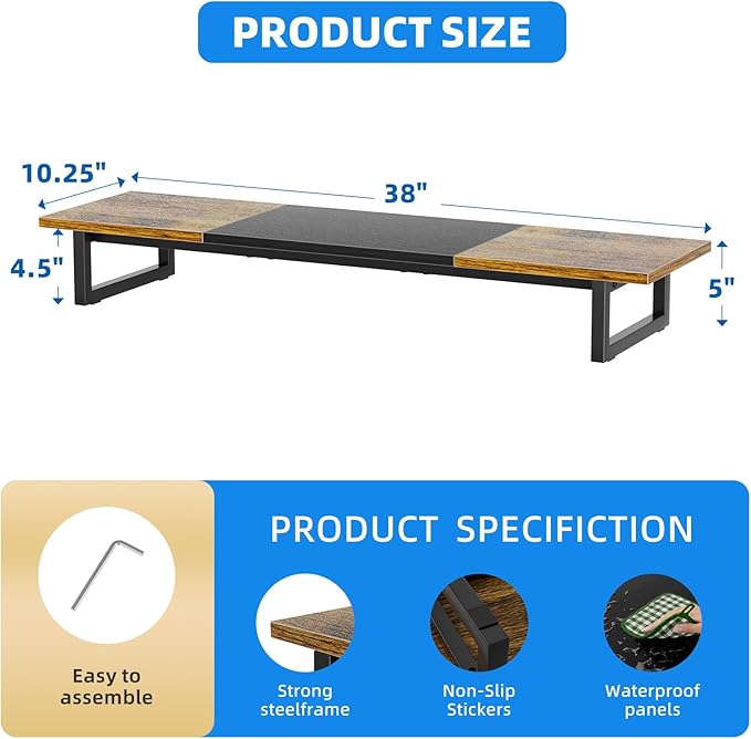 Simple Trending 38 Inch Dual Monitor Stand Riser, Wood and Steel Desk Organizer for 2 Monitors, Home Office, Rustic Brown