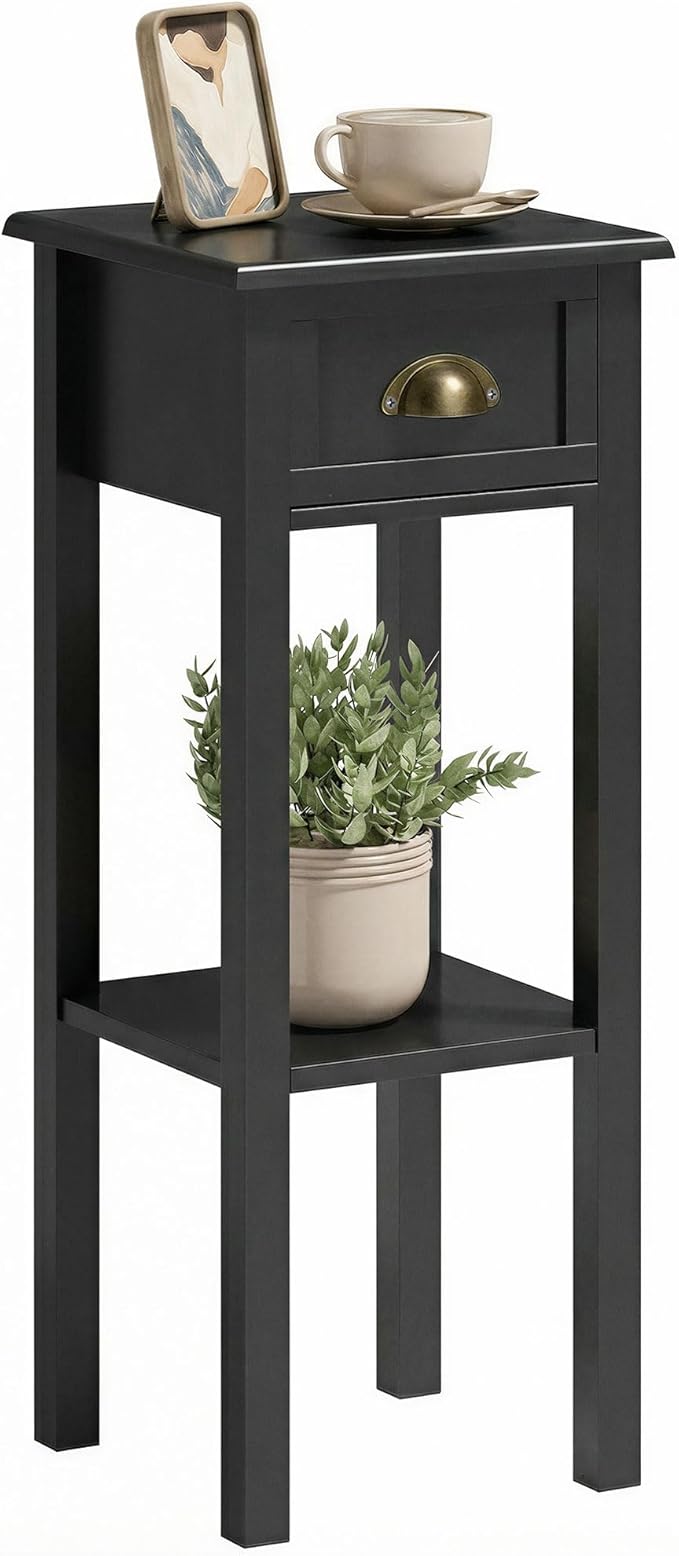 HOMCOM Narrow End Table with Drawer and Bottom Shelf, Slim Side Table for Small Spaces, Skinny Modern Accent Desk for Living Room, Set of 1, Black