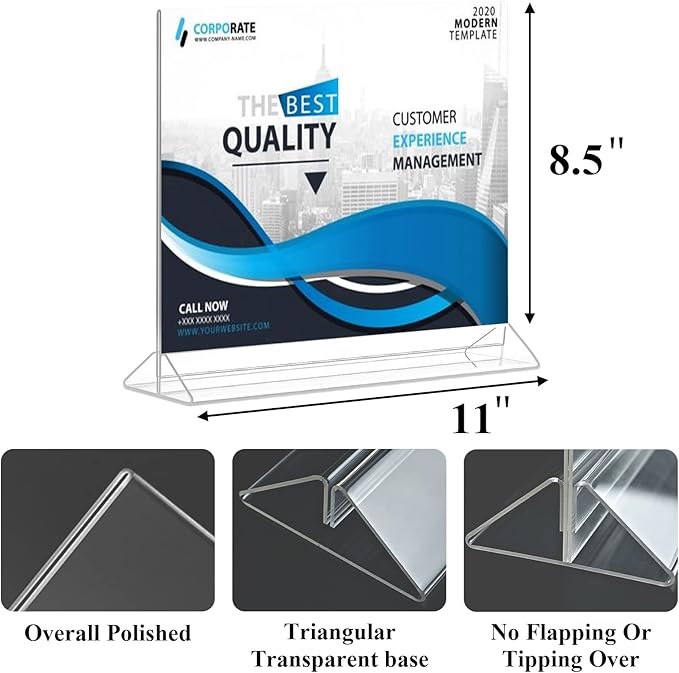 Horizontal Acrylic Sign Holder 8.5 x 11 - Double Sided T Shape Menu Table Stands, Plastic Paper Flyer Display Stand, Clear Picture Photo Frames for Wedding, Office, Store, Restaurant (6 Pack)
