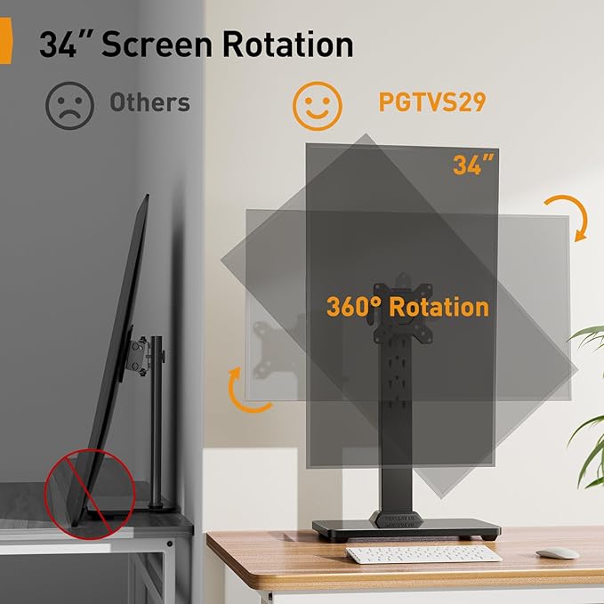 Perlegear Small TV Stand & Monitor Mount for 13-34 Inch Screens, Universal Table Top Base & Desk Riser with Swivel, Tilt, 360° Rotation and 5 Height Settings, Holds 44 lbs, Max VESA 100x100mm, PGTVS29