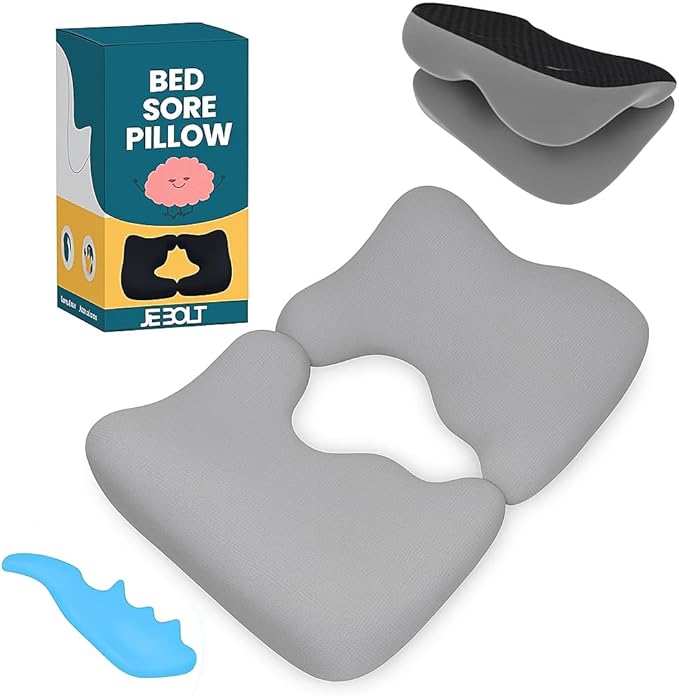 Memory Foam Bed Sore Cushion with T-Shaped Cutout – Pressure Relief Pillow for Tailbone, Coccyx & Butt | Dual-Piece Design with Massage Tool & Washable Cover for Sitting or Lying (Grey)