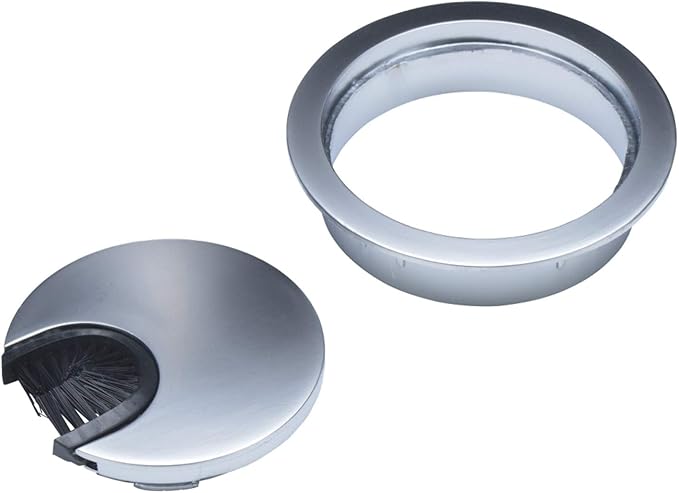 Matte Chrome Metal Cable Grommet | 2 Piece "Lock in" Feature with "Brush" Opening for Management of Office & Computer Desk Wires | 60mm (2 3/8") Hole Opening | 5 Pack