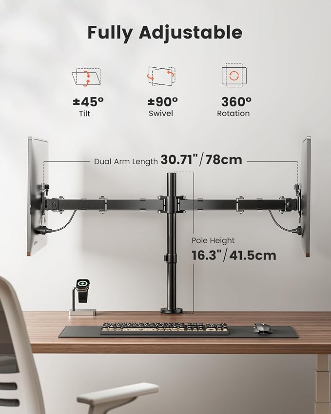 ErGear Dual Monitor Stand, Heavy Duty Adjustable Monitor Desk Mount for 2 Screens up to 32 Inches, Fully Adjustable Height, Tilt, Swivel, Rotate, Supports 17.6 lbs per Monitor Arm, Easy Installation