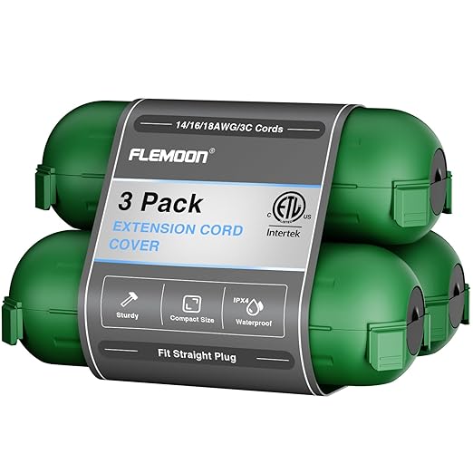 Flemoon [3 Pack] Outdoor Extension Cord Safety Cover, IPX4 Weatherproof Electrical Box to Protect Outdoor Outlet, Plug, Socket, Halloween, Christmas Holiday Decoration Light, Green