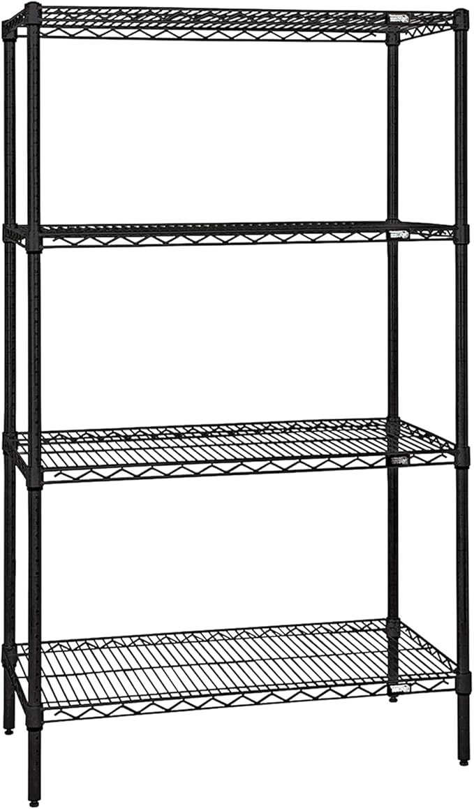 Quantum Storage Systems WR63-3042BK Wire Shelving Starter Kit, 42" W x 30" D x 63" H, 600 lbs Capacity, Carbon Steel, Epoxy Coated, Black, NSF