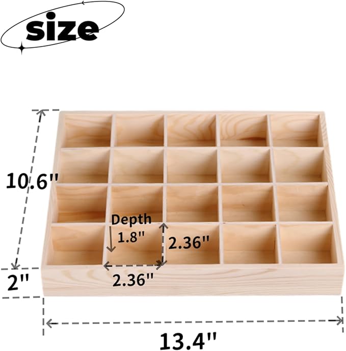 1 Pcs 13.4''x10.6''x2'' Wooden Storage Divider Box Showcase Display Box Organization Tabletop Box Tray Display Holder with 20 Compartments for Home Craft Office Kitchen Storage