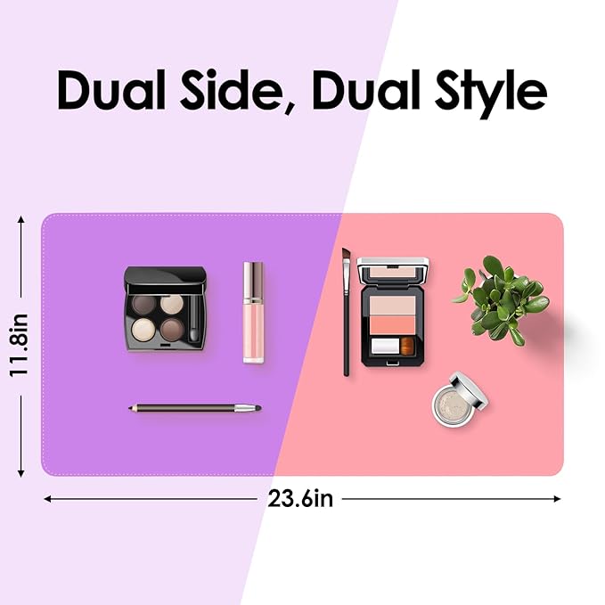 Makeup Mat for Vanity to Protect Desk Top 23.6 x 11.8 in, Dual-Sided Makeup Mat, Easy to Clean Desk Pad - Waterproof and Oilproof Vanity Accessories (Purple and Pink)