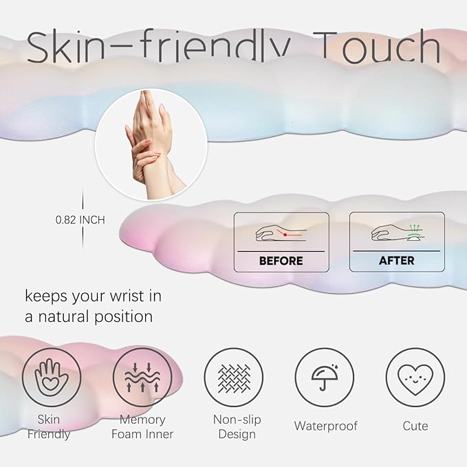 Cloud Wrist Rest Keyboard Palm Rest with Non-Slip Base for Computer Gaming Wrist Rest, YAMJUG Cloud Arm Rest Keyboard Wrist Pad Rainbow