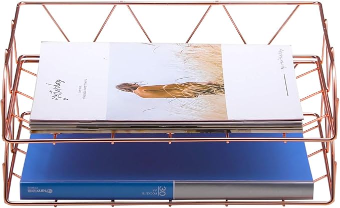 TQVAI 2 Packs Desktop File Organizer Metal Stackable Horizontal Letter Tray Paper Holder Rack,Paper Sorter Desk Organizer for Office/Home/Classroom/School,Rose Gold