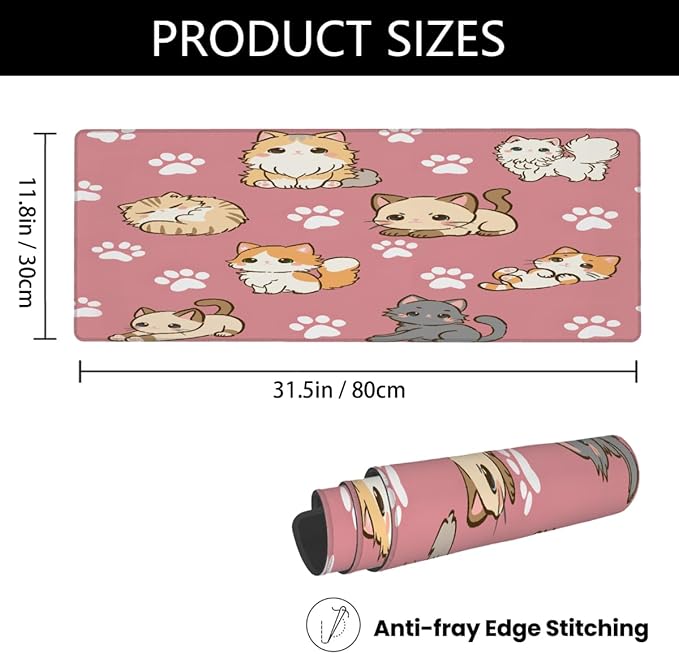 Large Mouse Pad Cute Animal Cat Non-Slip Rubber Long Gaming Desk Mat Big Computer Keyboard Mousepad Waterproof Protector Wristing Pad for Gaming Office Home Decorative 31.5 X 11.8 Inch